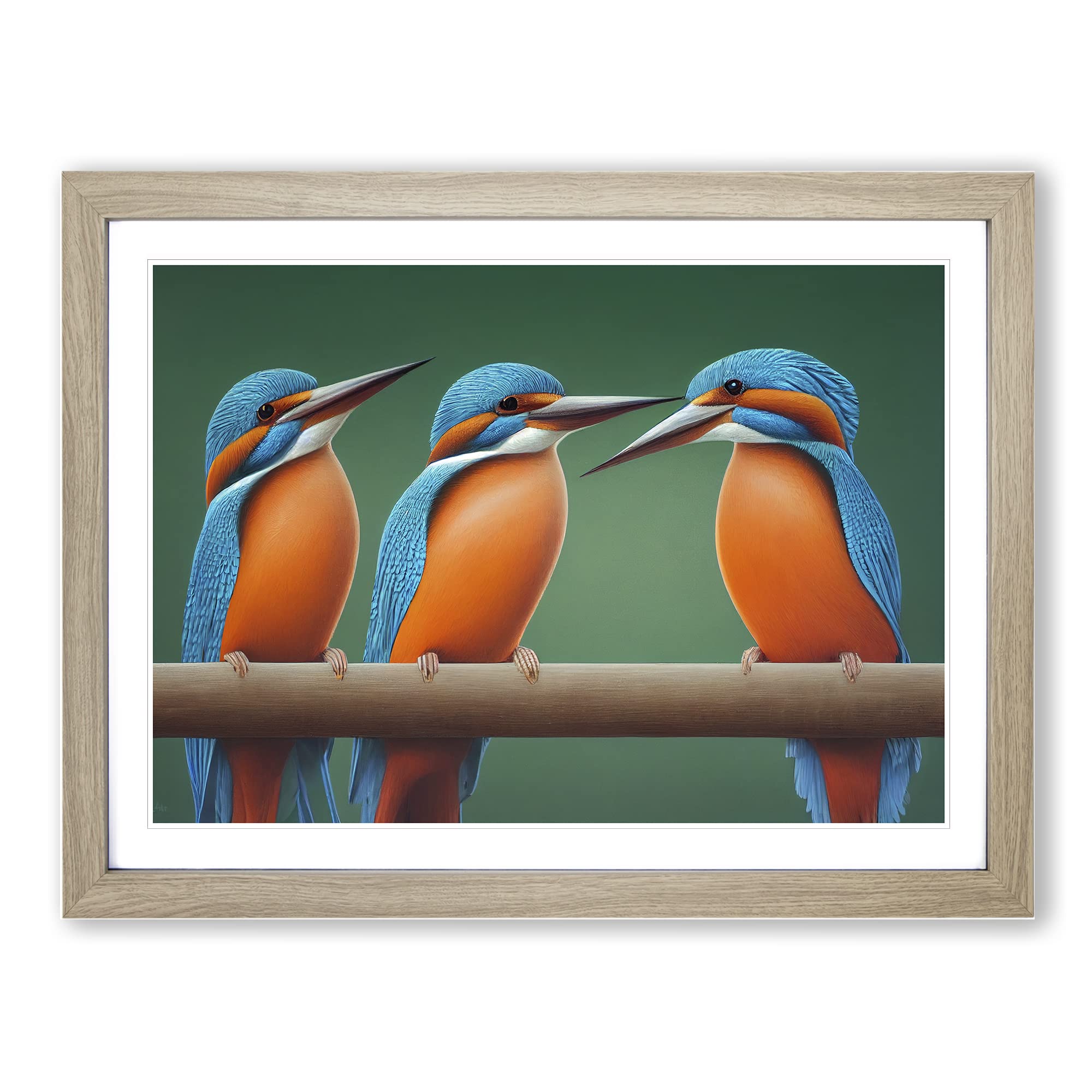 Welcoming Kingfisher Birds Framed Print | A4 Oak Framed Wall Art | Ready to Hang | Modern Nature Picture | Living Room Bedroom Lounge Office