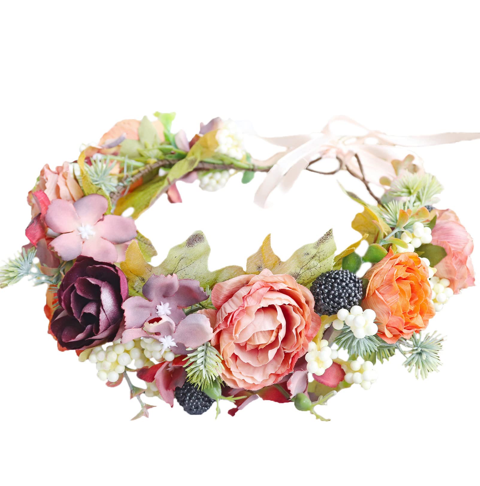Brikuinr Flower Wreath Crown Floral Garland Headband Hair Wreath Hair Garland Flower Halo Floral Headpiece Boho with Ribbon Wedding Party Festival — image 1
