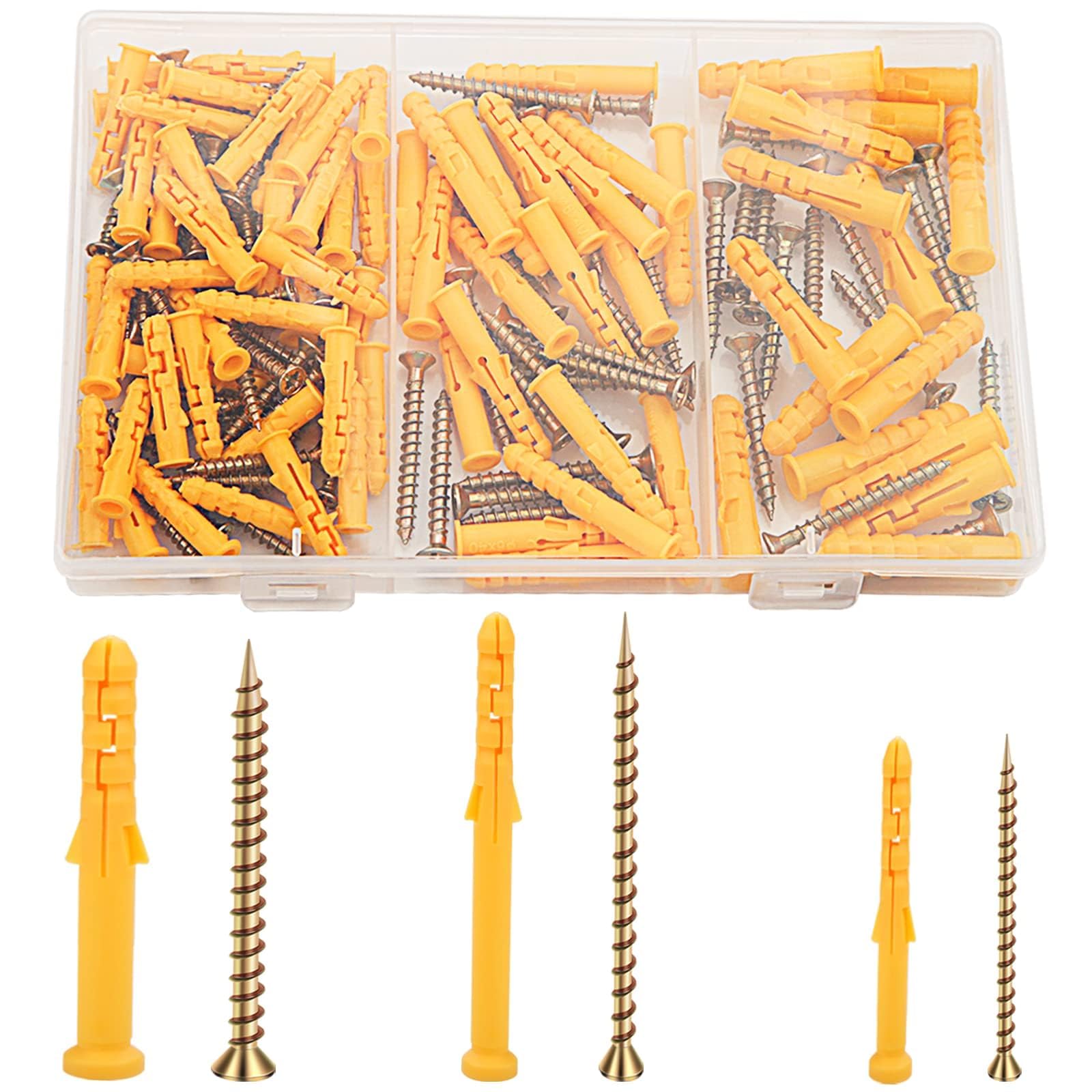 Mbsomnus 150Pcs Screws and Wall Plugs Set (75Pcs Concrete 75Pcs Expansion Pipe Rawl Plugs) M6/M8 Assorted for Brick Masonry Drywall-30/40mm, 18x11.5x1.9cm (60)
