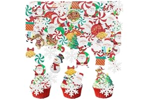WERARU 64PCS Christmas Edible Cake Topper Decorations Santa Claus Snowflakes Cupcake Toppers Wafer Paper