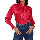 Satin Blouses for Women Dressy Smocked Long Sleeve Bow Tie Neck Shirts Casual Work Tops