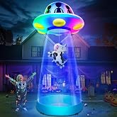 10 Ft Tall Halloween Inflatable UFO with Floating Cow Decorations Outdoor | 3-Color Changing LEDs, Blow Up UFO Halloween Yard Decorations, Outside/Garden, Holiday Party Decor