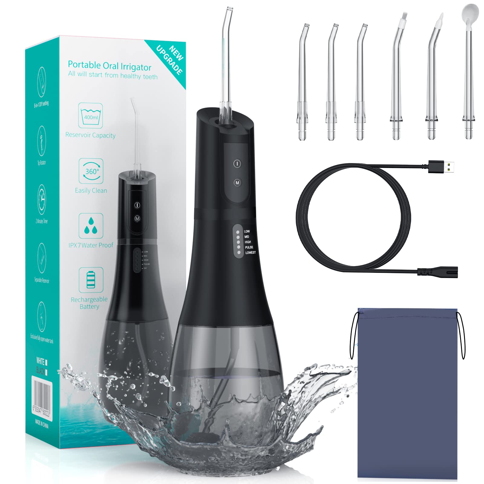 Portable Water Dental Flosser for Teeth Cordless Rechargeable Oral Irrigator with 5 Modes 40-140PSI for Teeth Cleaning IPX7 Waterproof (Black)