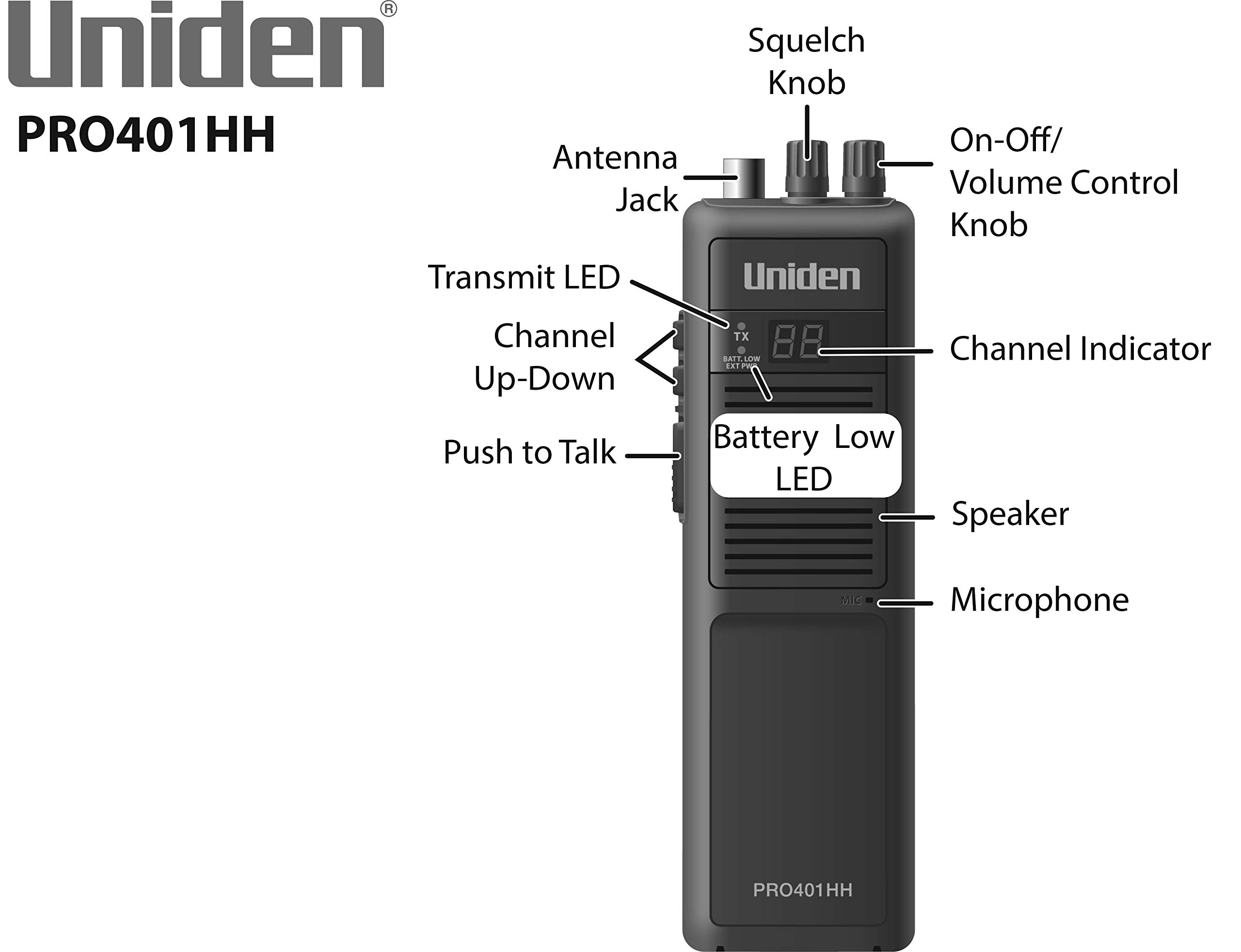 Uniden PRO401HH Professional Series 40 Channel Handheld CB Radio, 4 Watts Power with Hi/Low