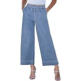 luvamia Wide Leg Jeans for Women High Waisted Cropped Pull On Jeans Elastic Wasit Drawstring Stretch Denim Trouser Pants