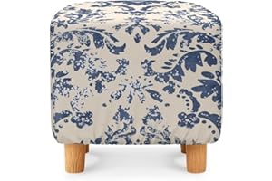 Vintage Blue Floral Square Footstool Cover 13" L x 13" W x 15" H Stretch Cube Ottoman Cover with Elastic Bottom Anti Slip Fur
