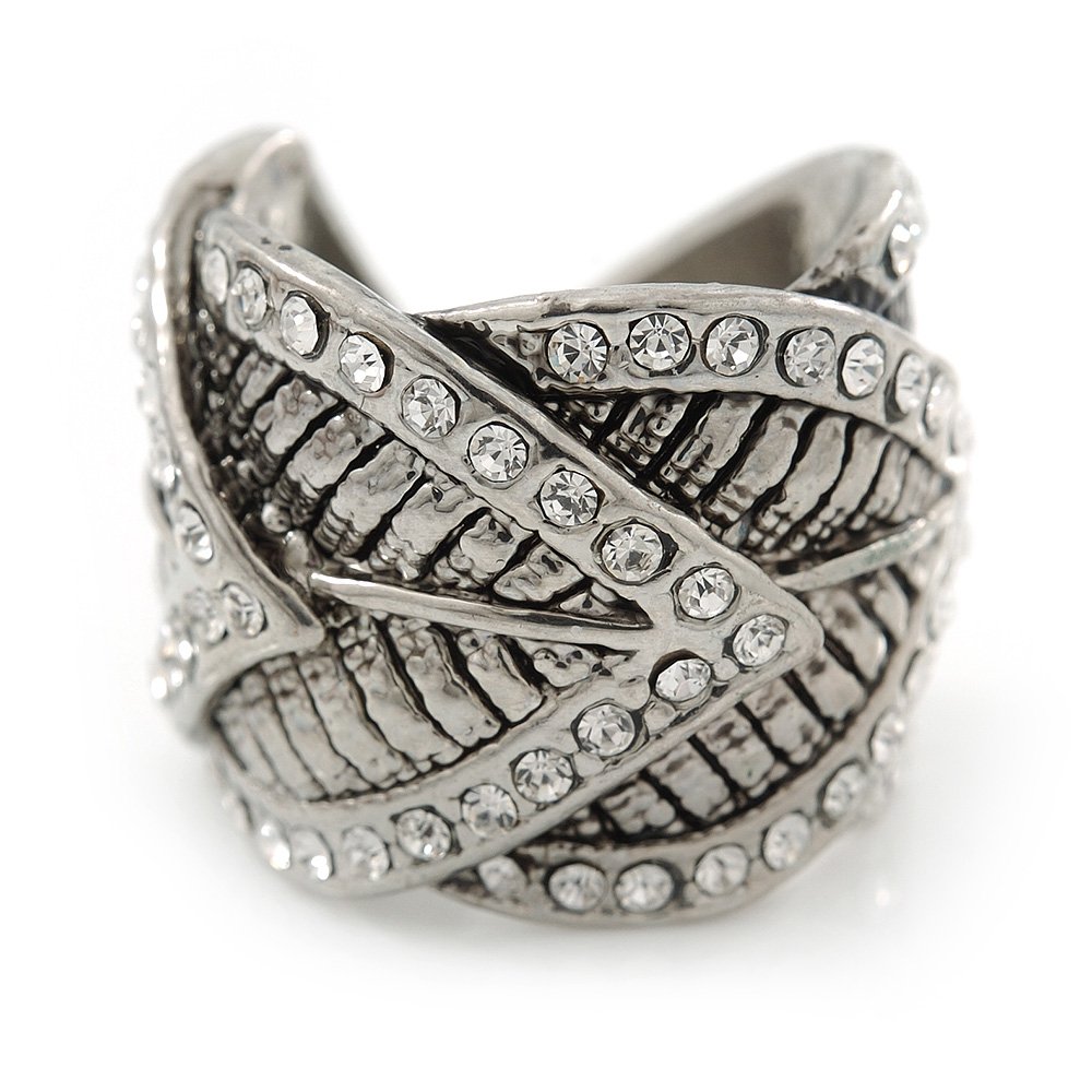 Avalaya Vintage Inspired Wide Austrian Crystal, Etched Leaf Band Ring In Silver Tone - Size 8
