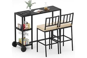 PIZZELLO 3 Piece Outdoor Patio Bar Set, 47" Rectangular Counter Height High Top Bar Table with Wheels, 2 Cushioned Bar Stools