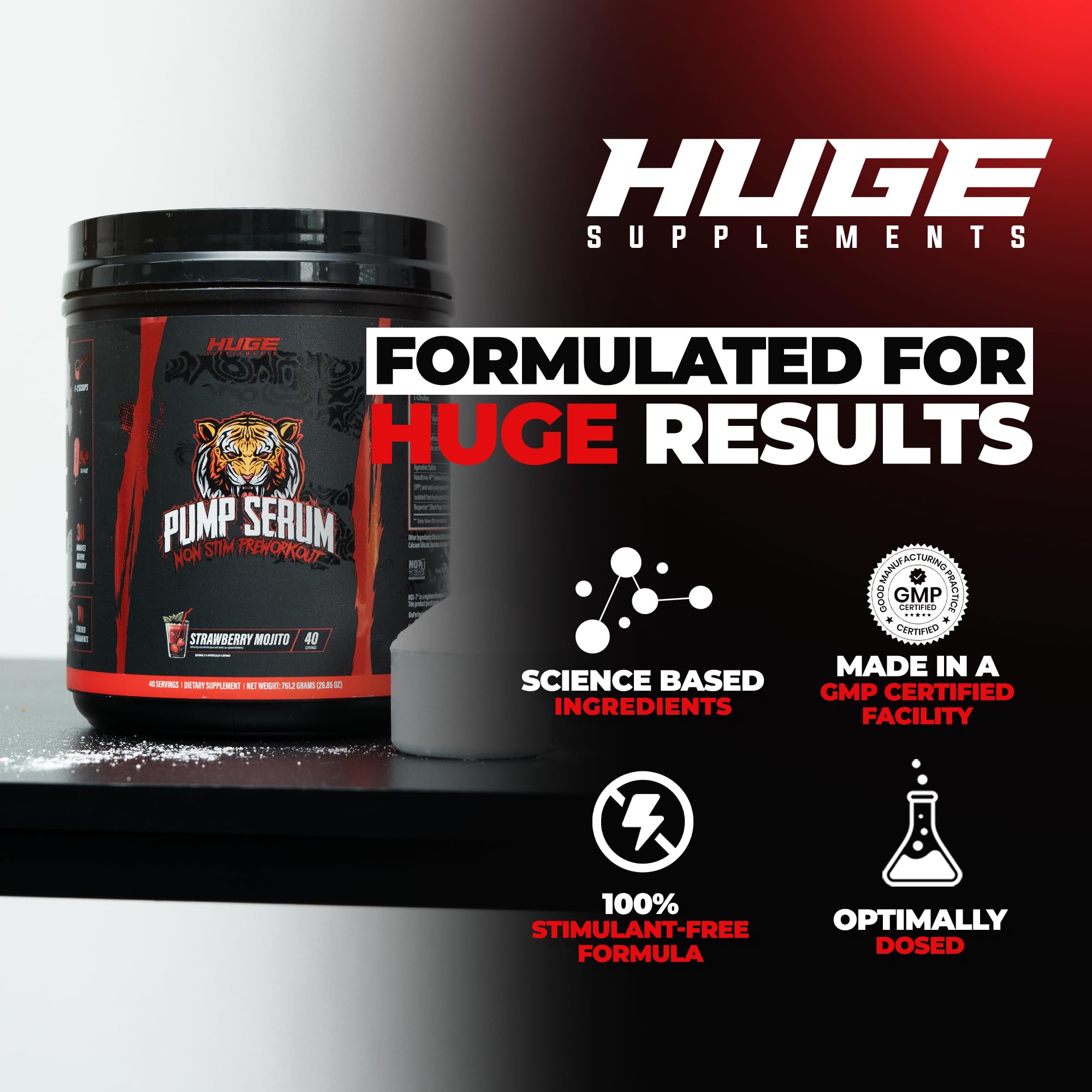 Huge Supplements Pump Serum, Stim Free Pre Workout and Nitric Oxide Booster to Enhance Focus, Pumps, Fulness with No Caffeine, L-Citrulline, GlycerPump, L-Tyrosine, Nitrosigine (Strawberry Mojito)
