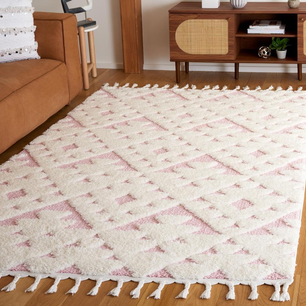 SAFAVIEH Moroccan Tassel Shag Collection Area Rug - 6'7" x 9'2", Ivory & Pink, Non-Shedding & Easy to Clean, Plush High-Low Texture, Ideal for Living Room, Bedroom, Dining Space (MTS688U) Image