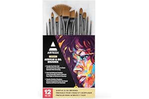 ARTEZA Paint Brushes, Set of 12, Premium Synthetic Brushes with Brass Ferrules & Wooden Handles