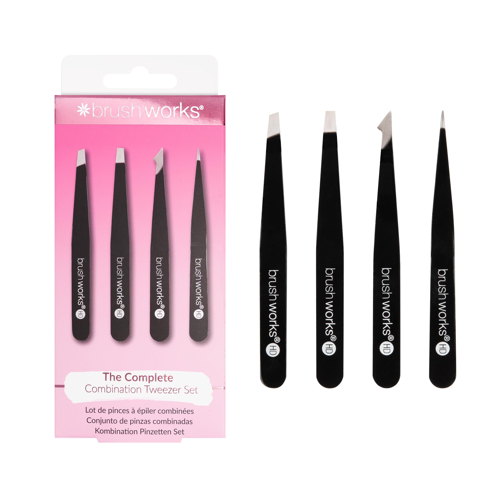 Brushworks HD 4 Piece Combination Tweezer Set - Black