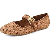 Shoe'N Tale Raffia Ballet Flats for Women Round Toe Woven Mary Jane Shoes with Buckle Strap for Daily Casual Dress Comfortable Flats