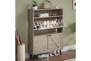 Alaxgumrol Shoe Storage Cabinet for Entryway with 2 Flip Drawers, Farmhouse Narrow Shoe Rack Organizer Cabinet, Wooden Slim Hidden Shoe Cabinet for Front Door Entrance Entry Way Hallway, Grey