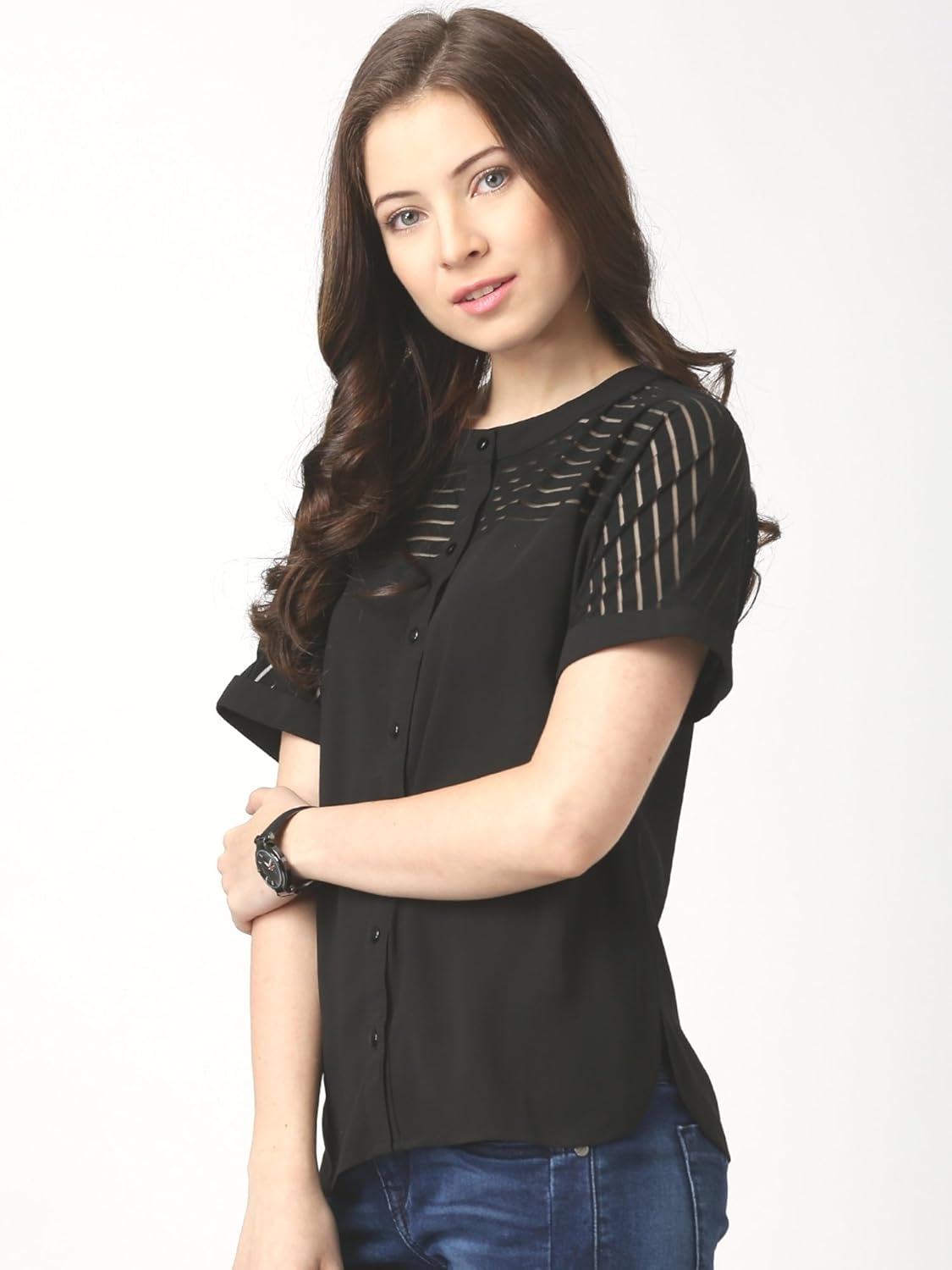 marie claire black georgette self-striped top (mc10125)
