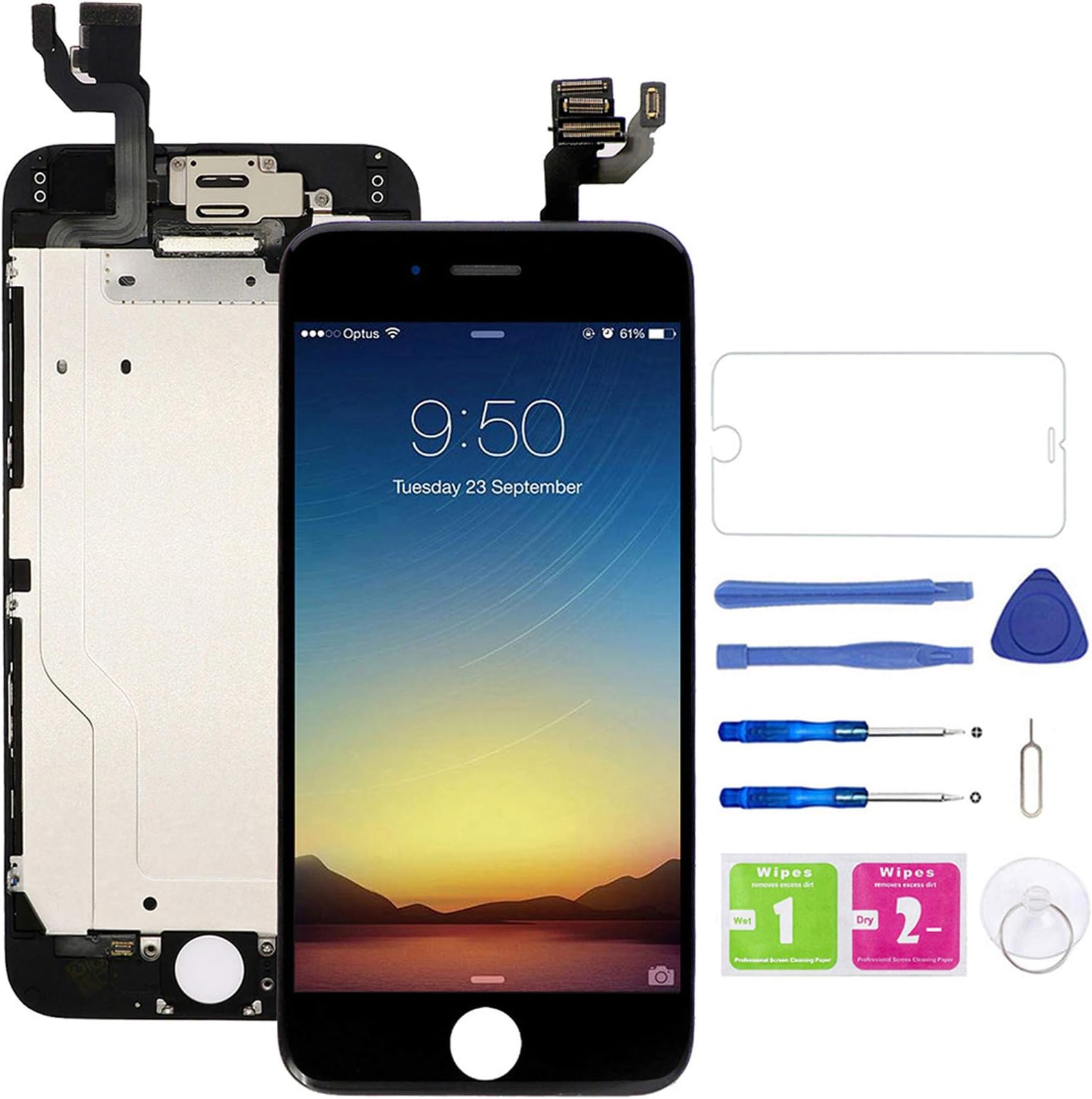 Pre-Assembled Screen Replacement for iPhone 6 Black, LCD Display and Touch Screen Digitizer Replacement for A1549, A1586, A1589 w/Facing Proximity Sensor, Ear Speaker, Front Camera and Repair Tools