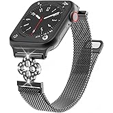 FRTXO Thin Mesh Loop Compatible with Apple Watch Bands for Women 42mm 44mm 45mm 46mm Series 10 9 8 7 6 5 4 3 2 1 SE, Metal Stainless Steel Magnetic Strap with Clover Diamond Clasp for iWatch Bands