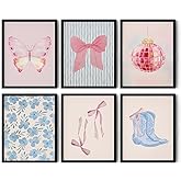 6Pcs Blue and Pink Coquette Wall Art Set Pink Bow Boots Butterfly Prints Y2K Aesthetic Canvas Painting Preppy Wall Decor Pictures Teen Girls Bedroom Dorm(8x10in Posters)