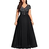 Miusol Women's Plus Size Sequin Floral Lace V Neck Formal Party Evening Gown Chiffon Maxi Dress