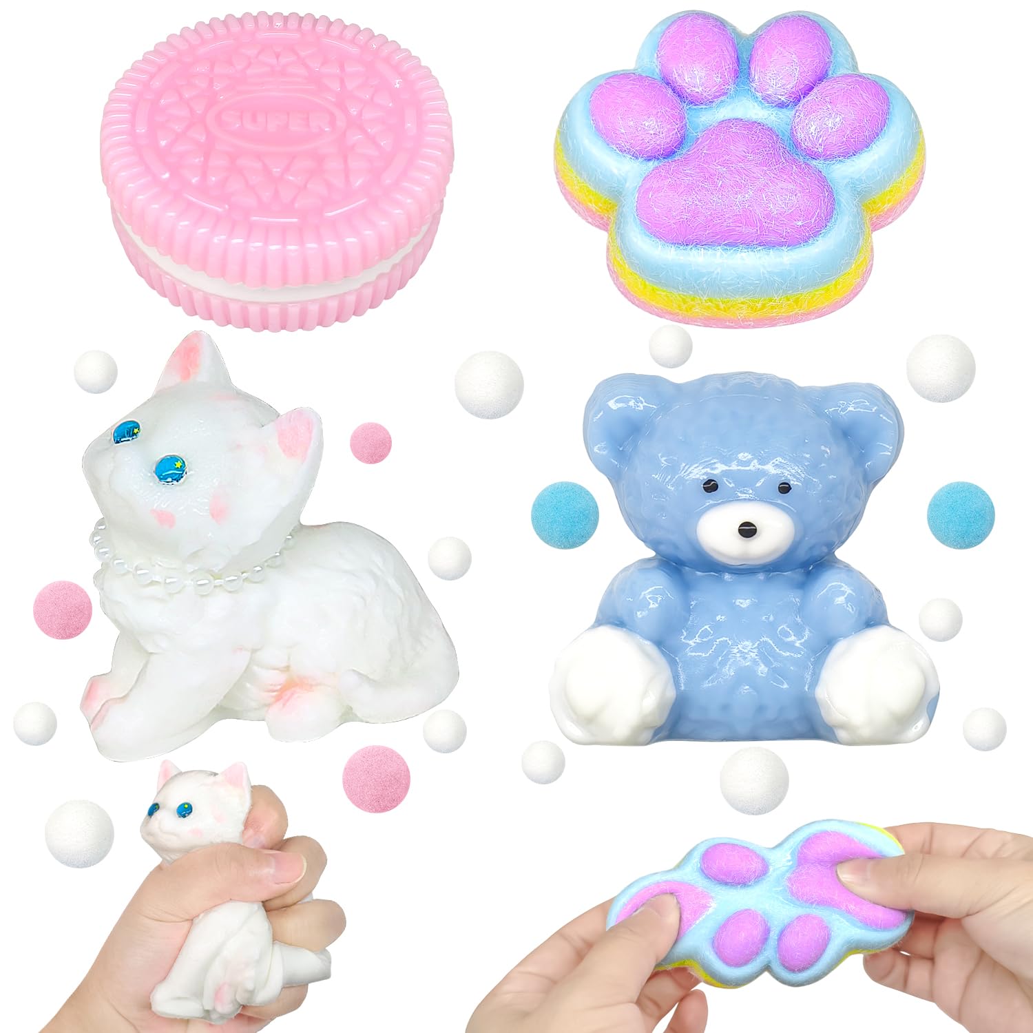4pcs Taba Squishy Set Biscuit Cat Paw Bear Animal Squishy Toys Fufu Squishes for Adults Squeeze Fidget Toys To Relief Novelty Gifts For Kids Teens Adults Christmas Birthday