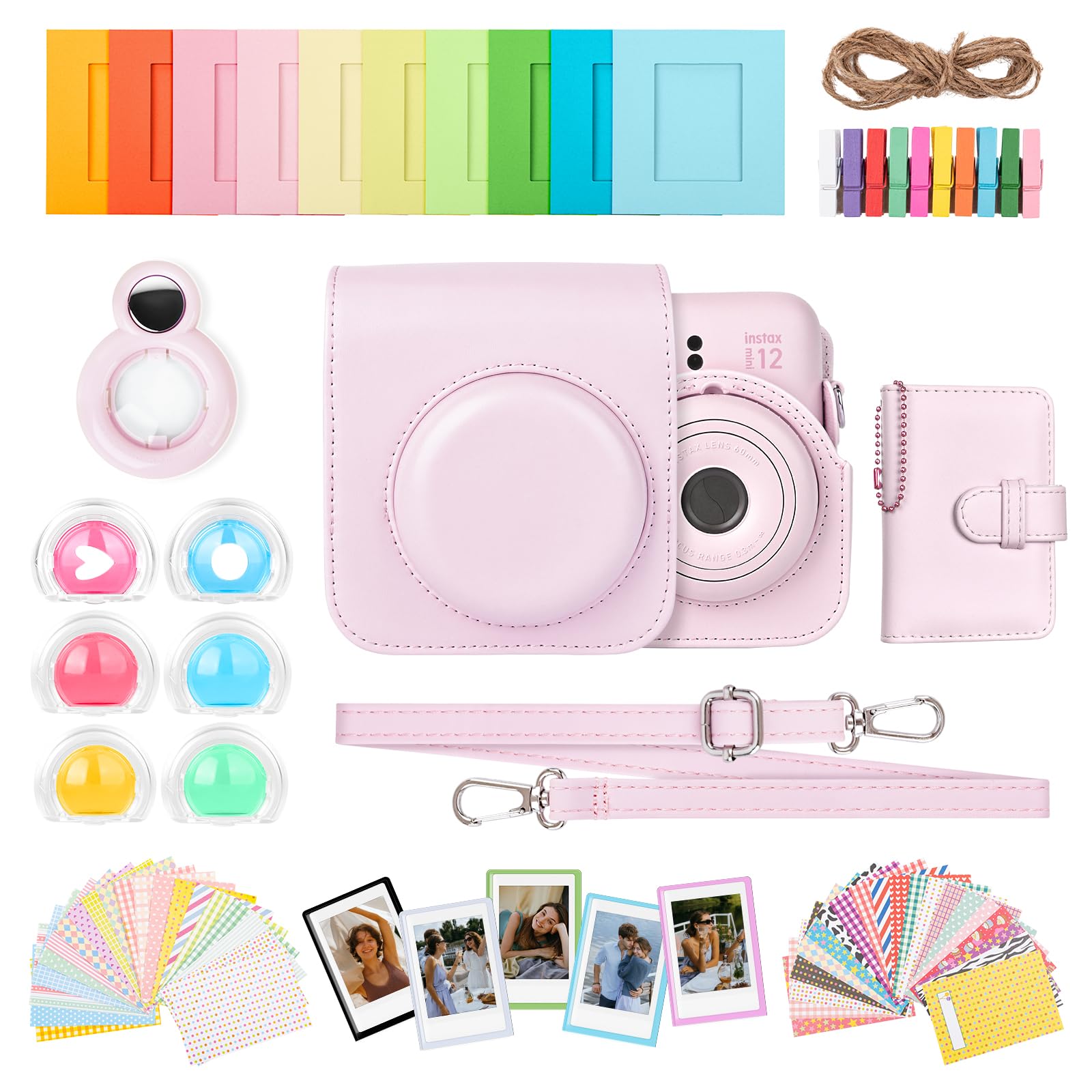 HIYQIN 8 in 1- Camera Case and Accessories Compatible with Fujifilm Instax Mini 12, Mini 12 Case/Photo Album/Photo Frame & Stickers/Lens Filter/Selfie Mirror - Pink