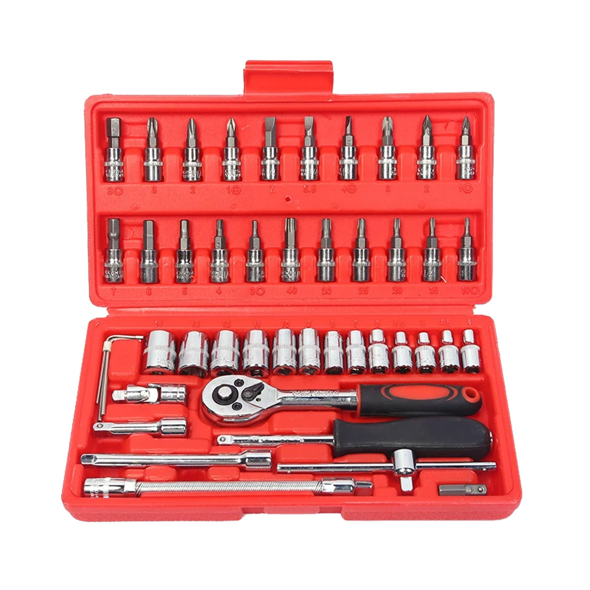 46-Piece 1/4 inch Drive Socket Ratchet Wrench Set, Metric Bit Sockets and Extension Bar with Quick-Release Ratchet for Car Bicycle Motorcycle Repair and Home Maintenance