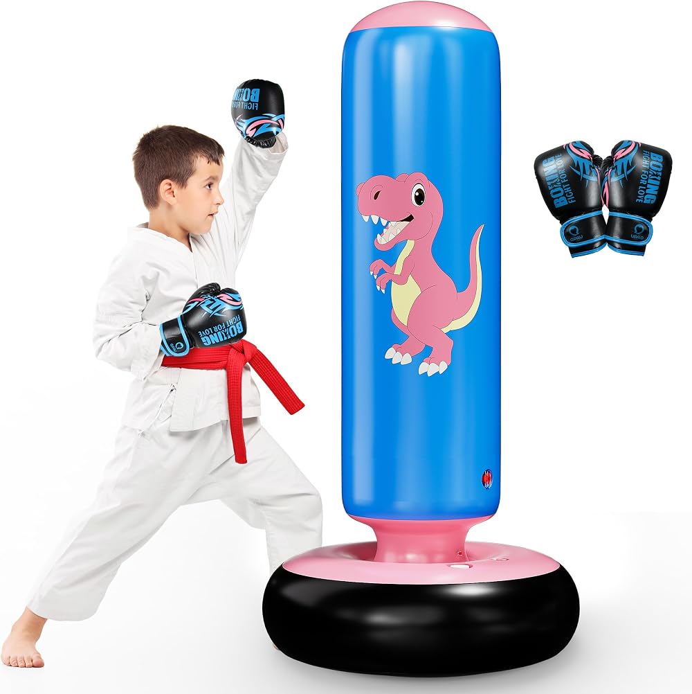 QPAU Inflatable Punching Bag 48 Inch Kids Boxing Set with Gloves Dinosaur