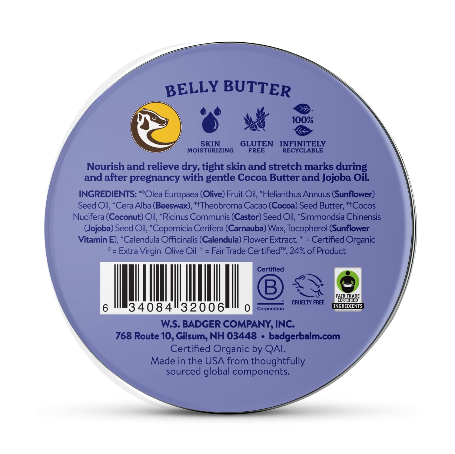 Badger Belly Butter, Organic Stretch Mark Cream for Pregnant Belly, Rich Hypoallergenic Moisturizing Organic Cocoa Butter & Coconut Body Butter for Women, 2 oz Tin