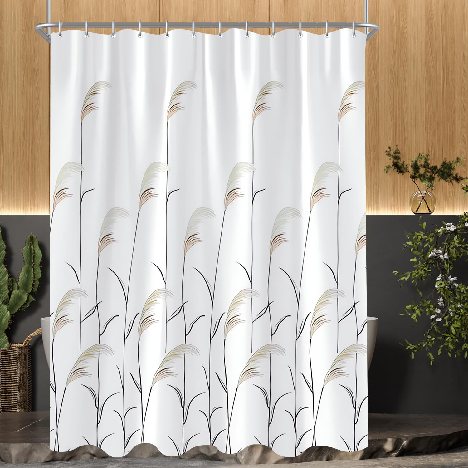 Lerores Shower Curtain, 100 x 200 cm, Wheat Ear, Weighted Hem, Anti-Mould, Water-Repellent, Washable Polyester Fabric Bath Curtains with 6 Eyelets and Shower Curtain Rings for Bathroom, Bathtub