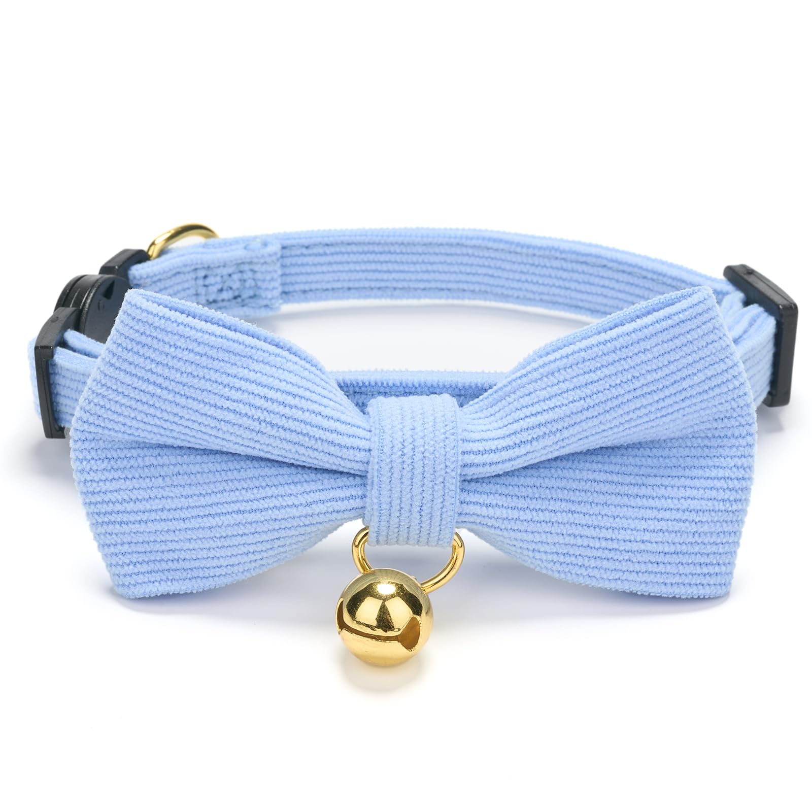 YUDOTE Ultra-soft Collar Natural Cotton Corduroy Made for Cats with Sensitive Skin,Lightweight Kitten Collars with Quick-release Buckle and Removeable Bow-tie,Light Blue Pack of 1