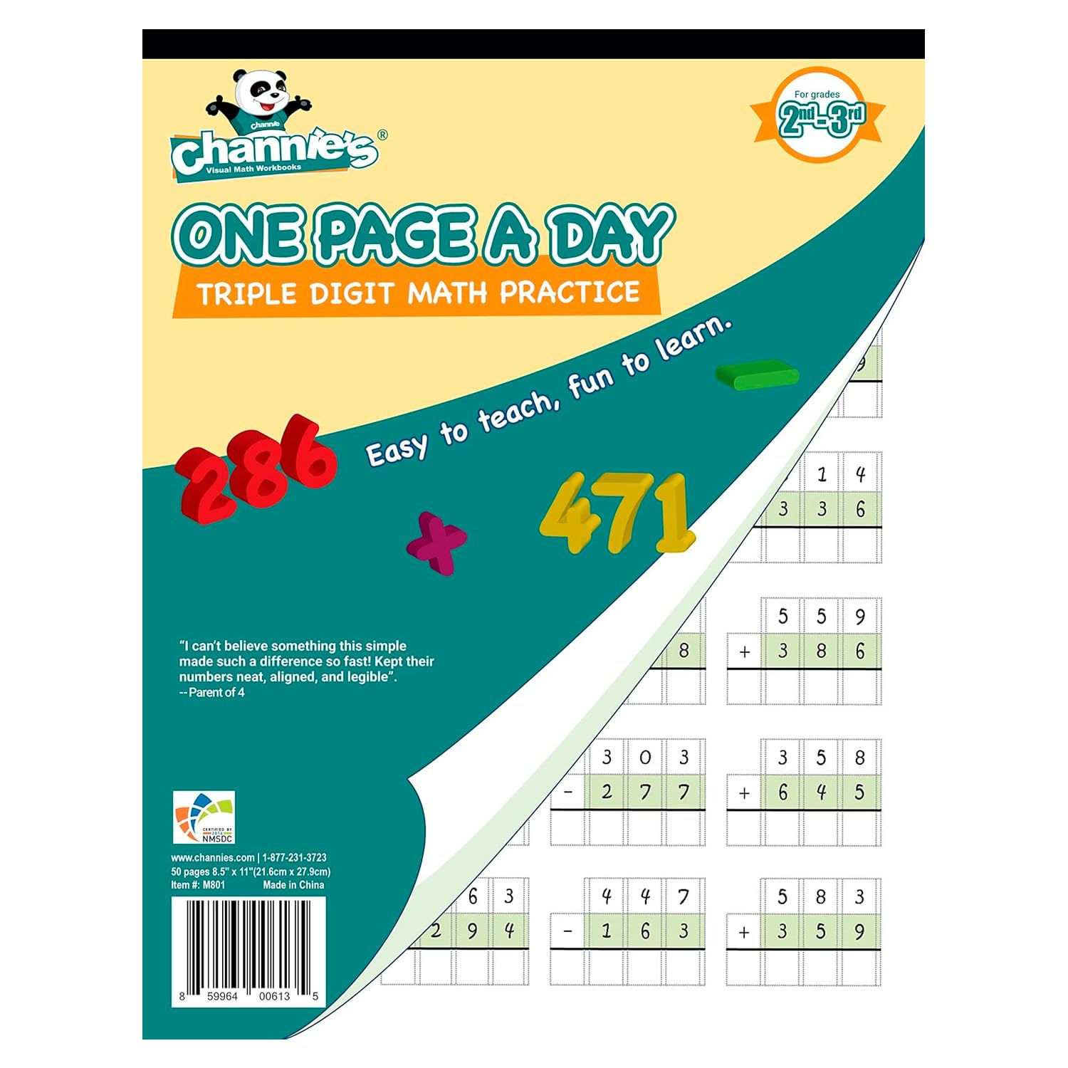 Channie’s One Page A Day Workbook, Triple Digit Math Practice Worksheets, 50 Pages Front and Back, 25 Sheets, Grades 2nd and 3rd, Size 8.5” x 11”