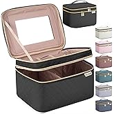 HXLGMD Large Makeup Bag with Mirror Double Layer Travel Make Up Organizer Case, Large Capacity Coemetic Bag with Brush Slot Divider
