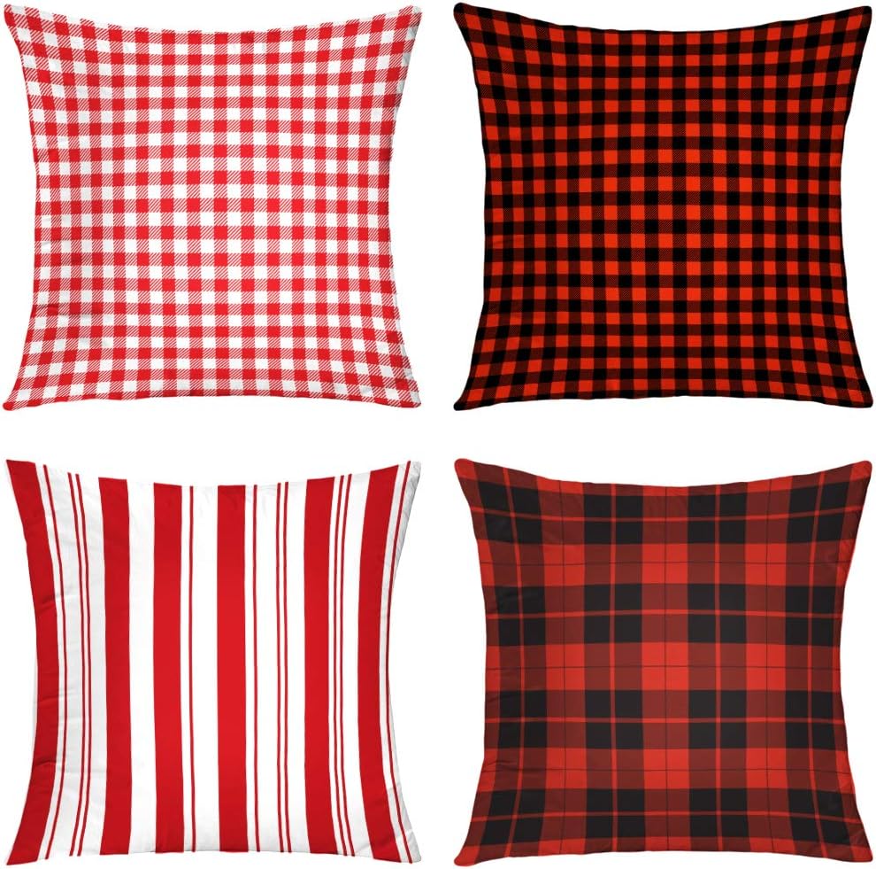 Suesoso Christmas Decorative Pillows Case,White Diagonal Red with Plaid Gingham Squared Checkered Throw Pillowcovers 18 x 18 inch Set of 4,Cushion Decorative Home Decor Nice Gift,red