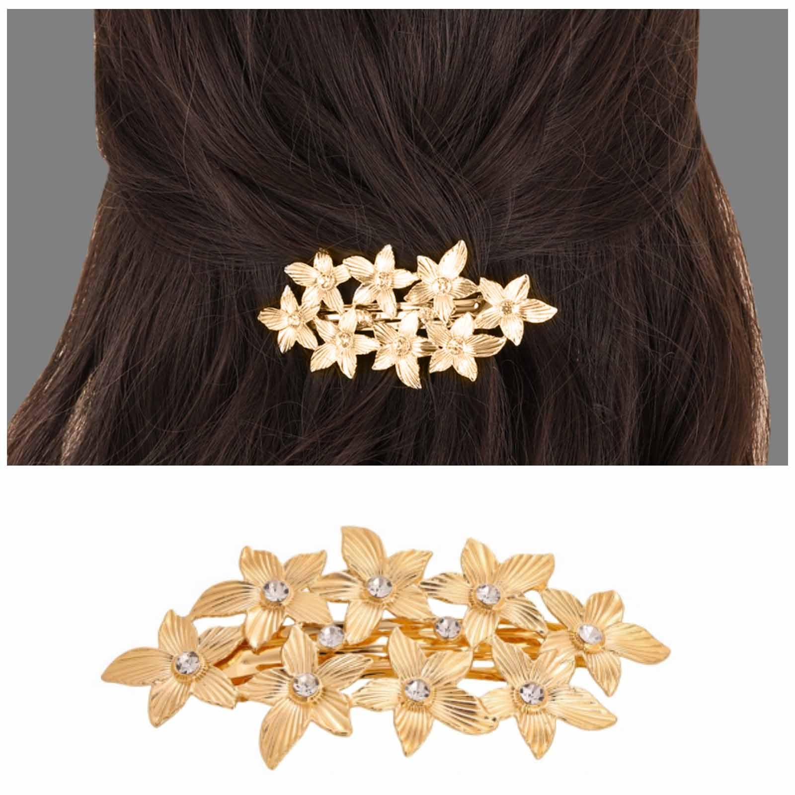 Xduargs Boho Rhinestone Flower Crystal Hair Clips & Barrette - Vintage Wedding Headpiece with Shiny CZ Floral Design - Bridal Hair Accessory (Gold)