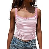 BAIGRAM Women Y2K Going Out Striped Camisole Tops Lace Patchwork Scoop Neck Spaghetti Strap Crop Tank Tops Cute Coquette