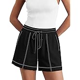 LOMON Women's Casual Linen Shorts Elastic Waisted Drawstring Summer Shorts with Pockets