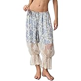 KOSUSANILL Women Long Bloomer Pants Lace Trim Ruffle Pantaloons Cropped Lounge Pajama Bottoms Y2K Capri Pettipants
