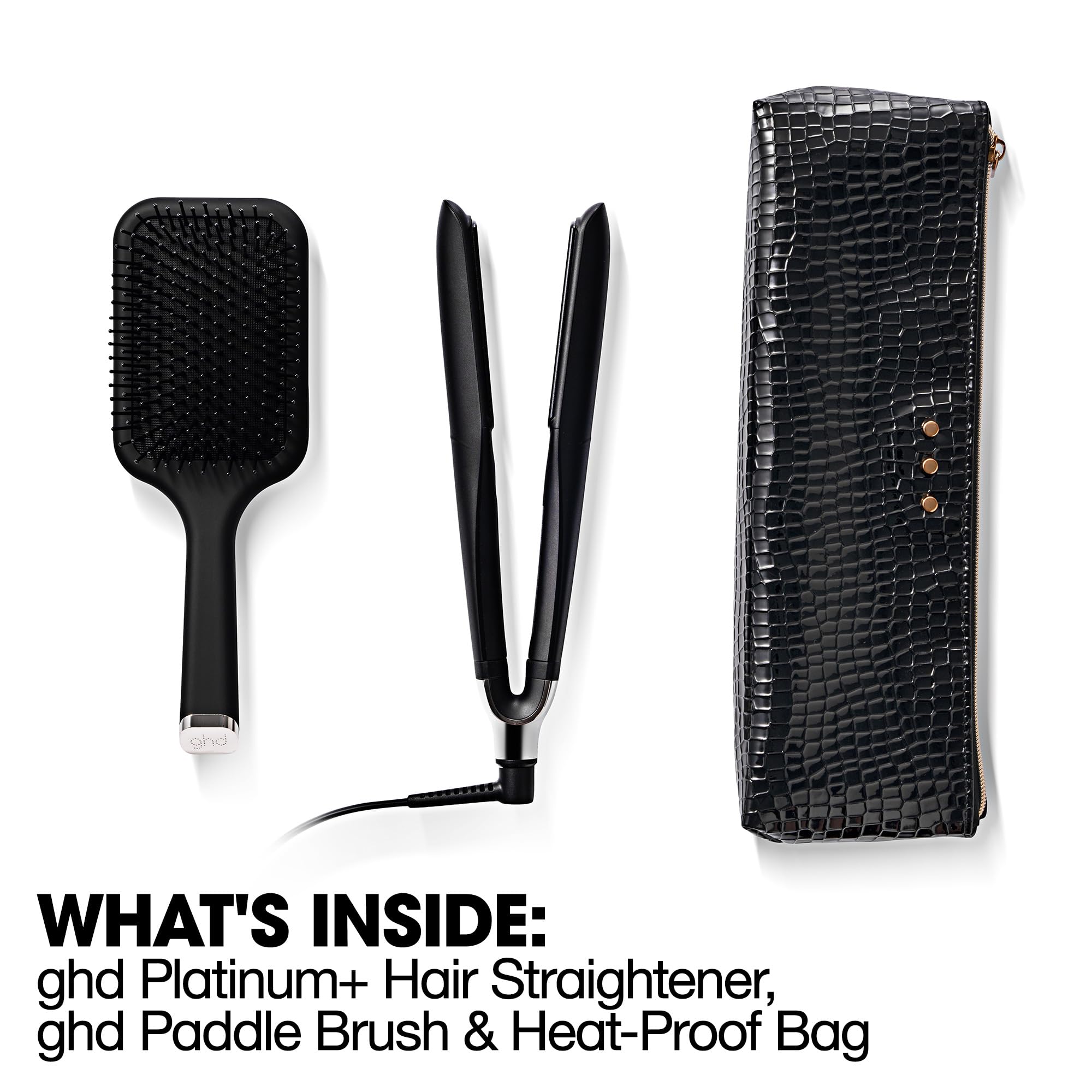 ghd Platinum+ Professional Smart Flat Iron, Black, with Ultra-Gloss Ceramic Plates, Heat-Resistant Bag, All-Rounder Paddle Brush, Festive Gift Set
