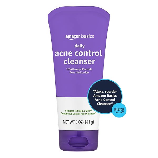 AMAZON BASICS ACNE TREATMENT FACE WASH – DAILY CONTROL CLEANSER, MAXIMUM STRENGTH 10% BENZOYL PEROXIDE FOR STUBBORN BREAKOUTS, 5 OUNCE
