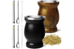 Artcome 8pc Stainless Steel Yerba Mate Cup Set - 2 8.5oz Stainless Steel Double-Wall Mate Cup(Black and Wood), 4 Bombillas (Y