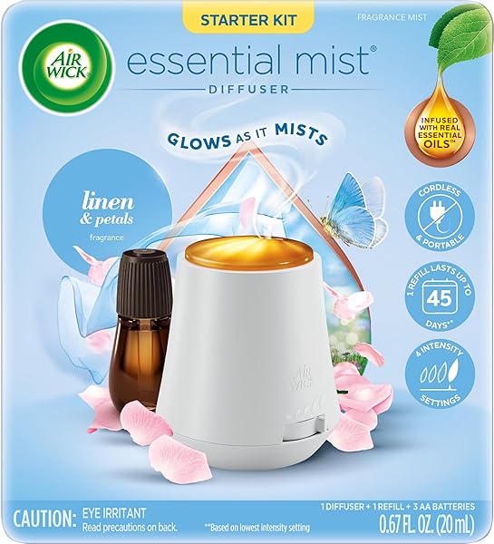 AIR WICK ESSENTIAL MIST STARTER KIT (GADGET + 1 REFILL), LINEN & PETALS, AIR FRESHENER, ESSENTIAL OILS