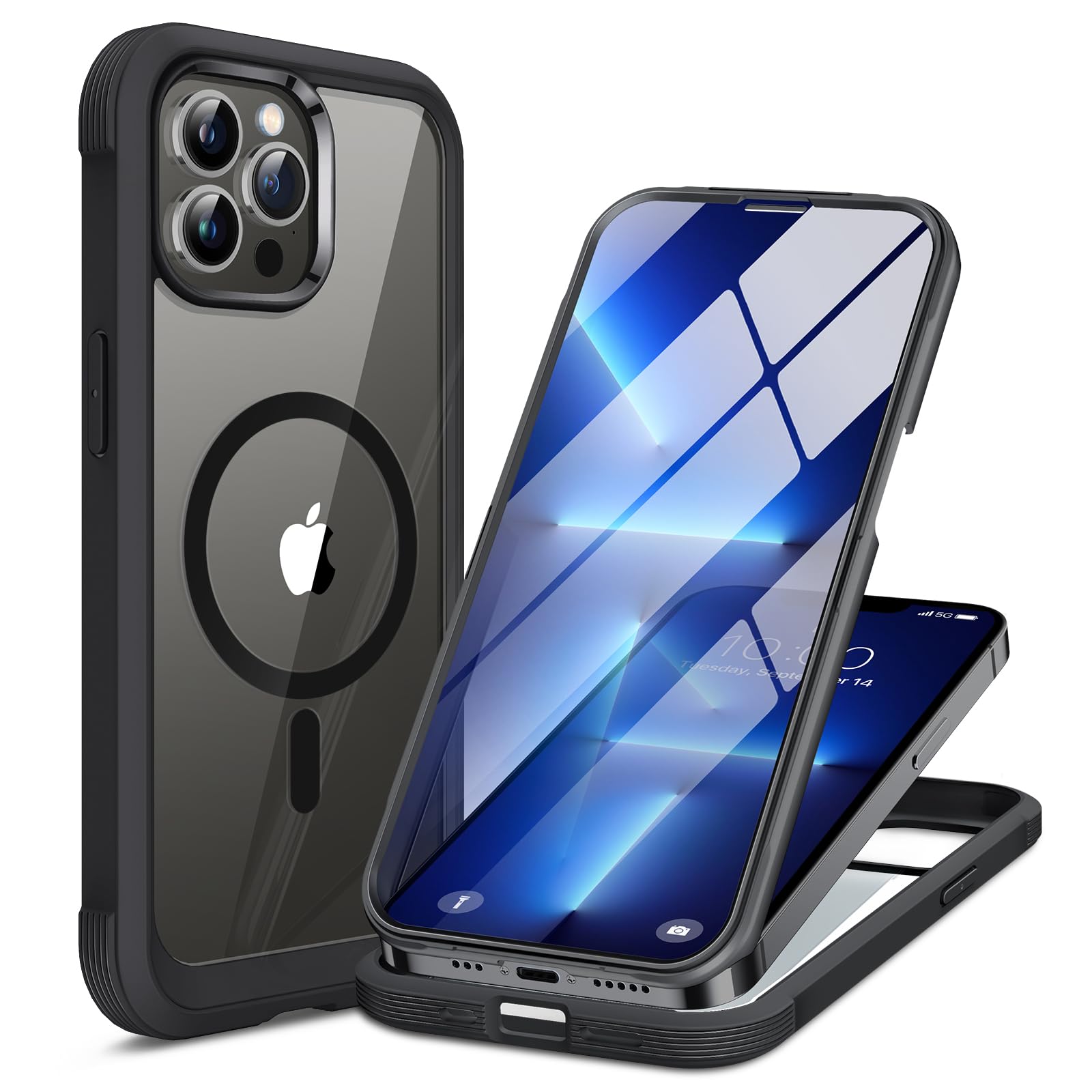Photo 1 of Miracase Magnetic for iPhone 13 Pro Max Case 6.7 inch, (Compatible with MagSafe) Upgrade Full-Body Clear Phone Bumper Case with Built-in 9H Tempered Glass Screen Protector, Magnetic Classic Black