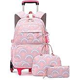 Mfikaryi 3PCS Girls Rolling Backpack Elementary Student Schoolbag Travel Trolley Bag Wheeled Bookbag with Lunch Box