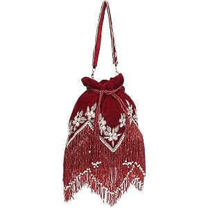 LONGING TO BUY Velvet Potli Bag with Silver Floral Embroidery, Beaded Fringe Tassel Wristlet, 7.8 x 9 Inch