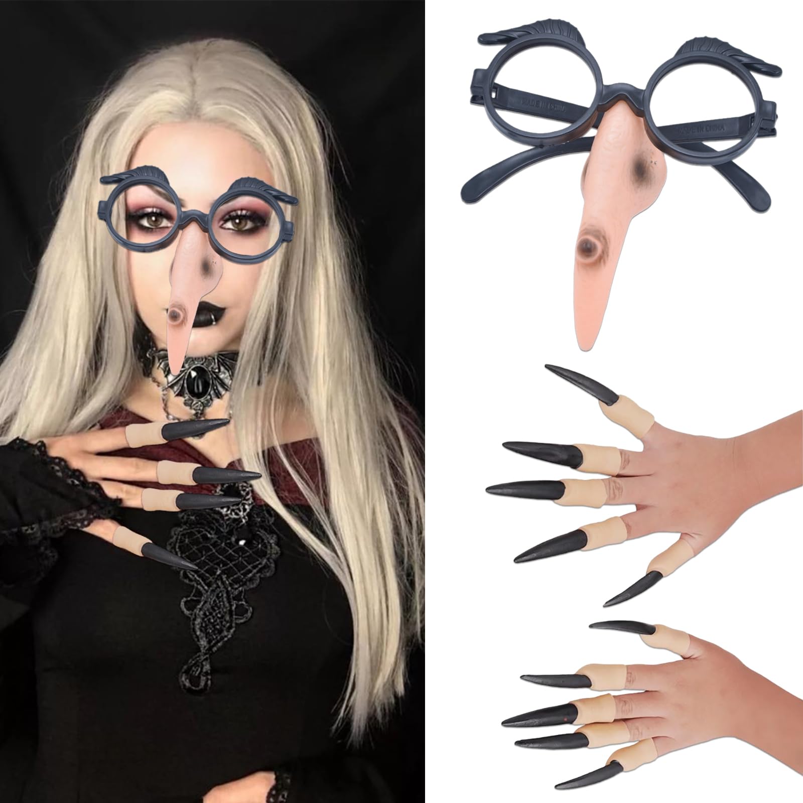 Photo 1 of 1 Pcs Witch Glasses Nose with 10 Pcs Witch Black Fingernails Women Dress Up Halloween Party Supplies Novelty Accessories