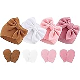 BQUBO Newborn Baby Hats Mittens Set Hospital Hat Beanie Infant Bow Hats Baby Gloves No Scratch Mittens for 0-6 Months