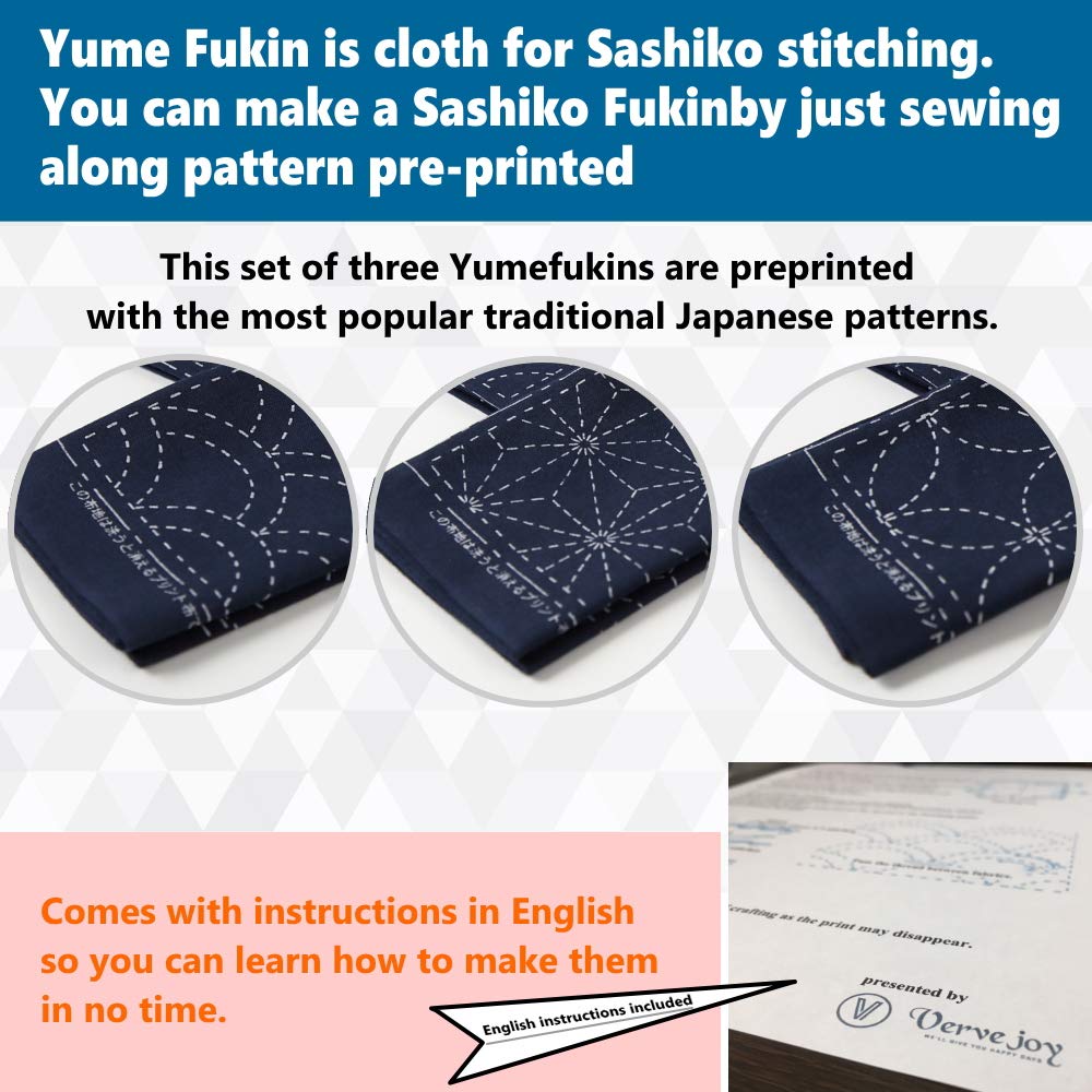 Sashiko kit, Yokota Sashiko Thread, Needles and Template Yume Fukin with Original English Manual, Thimble Sewing Set, Fabric, Japanese Textile (White Thread / Navy Dishcloth)