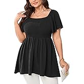 SHESTARR Women's Plus Size Dressy Tops Square Neck Short Sleeve Smocked Peplum Blouse Tops Shirts
