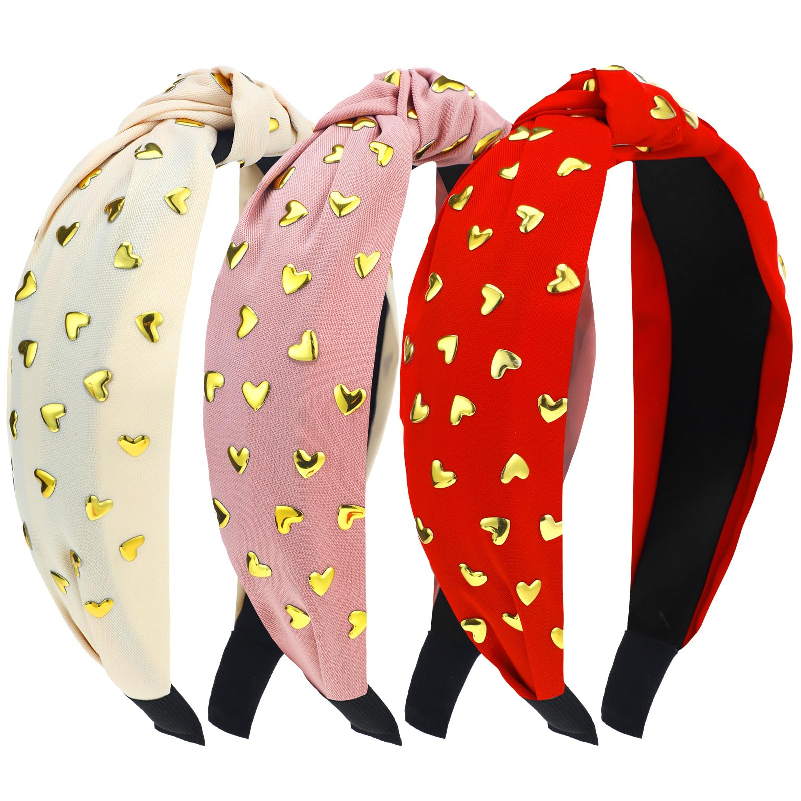 Photo 1 of Hotop 3 Pcs Valentine's Day Heart Knotted Headband for Women Girls Studded Heart Headbands Pink Red White Hair Accessories Wide Hair Bands for Valentine's Day Costume Party Gift