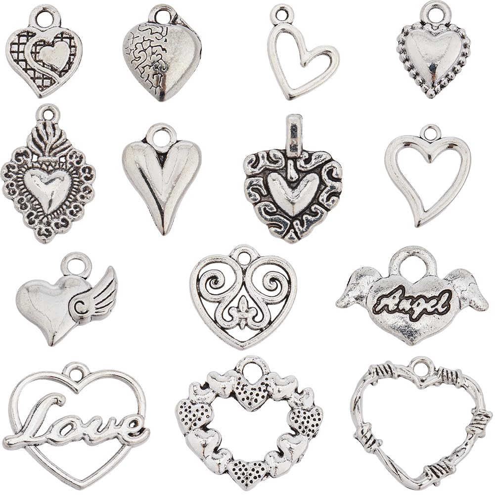 SUNNYCLUE 1 Box 84Pcs Heart Charms Valentine's Day Heart Love Charm Tibetan Style Antique Silver Sacred Heart Charms Angel Wing Hollow Hearts Charm Pendants for Jewellery Making Charms DIY Supplies